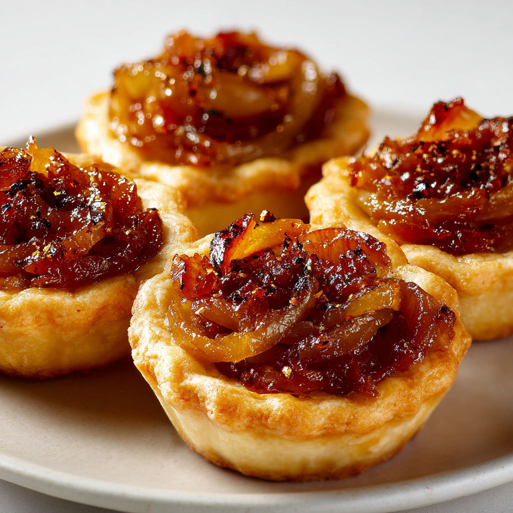 Mini tartelettes aux oignons confits et miel, avec des oignons confits et du miel, sont présentés sur un plateau.