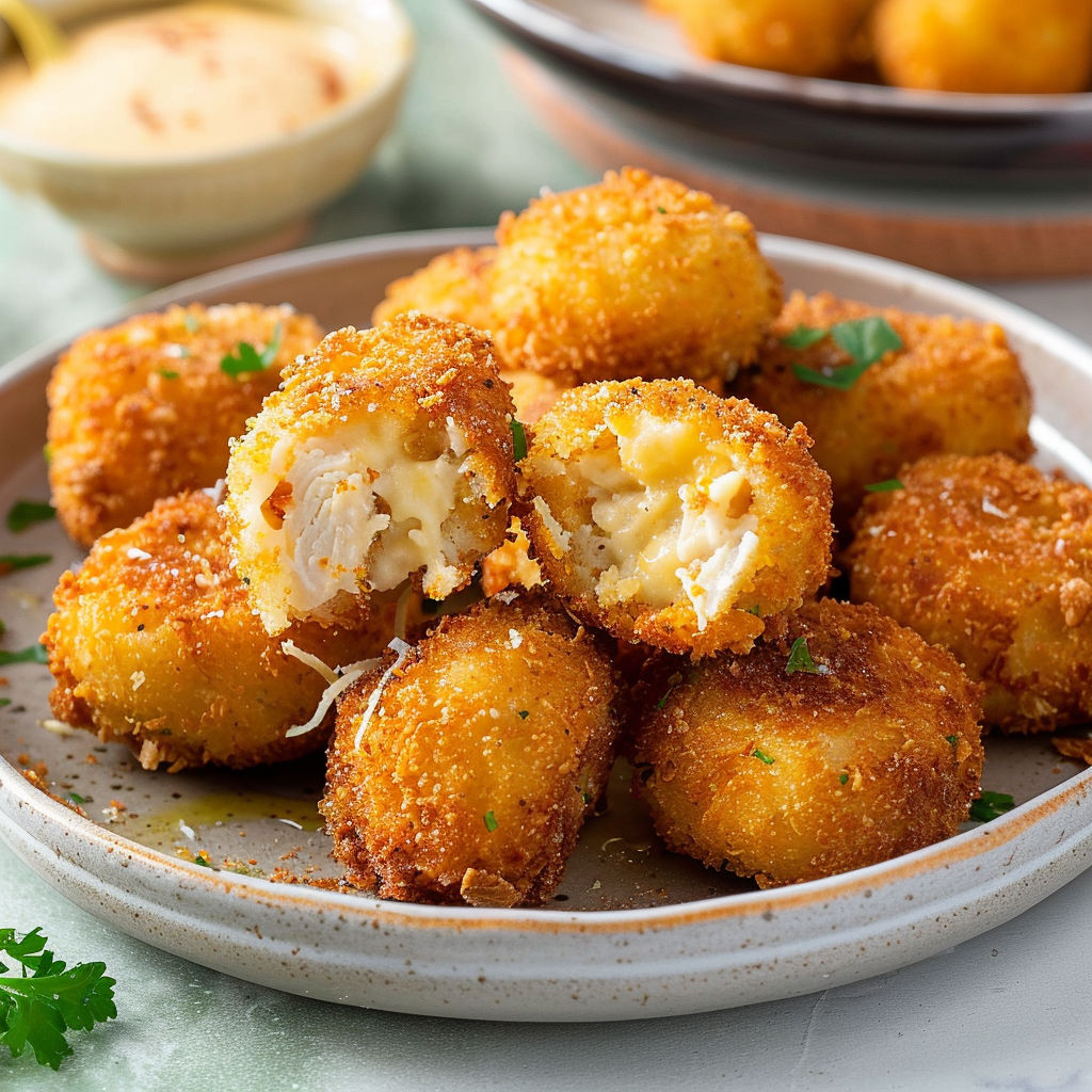 Une assiette de croquettes de poulet au Parmesan.