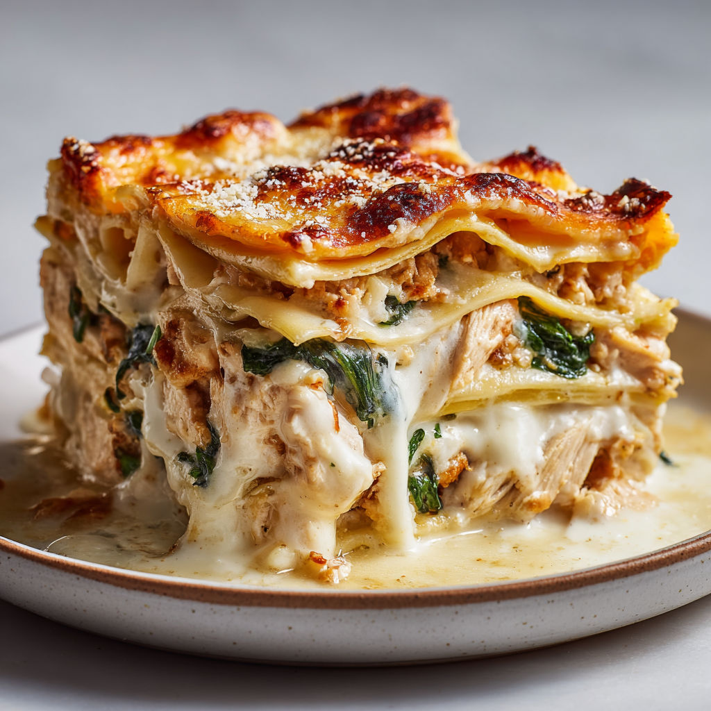 Une image de Lasagne au poulet réconfortante, avec des ingrédients tels que des légumes verts, des tomates, des oignons et des herbes.