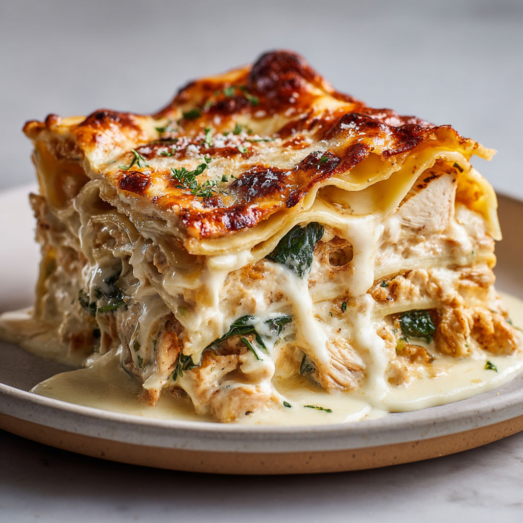 Gratin de Lasagnes au Poulet Haché et Sauce Béchamel Dorée.