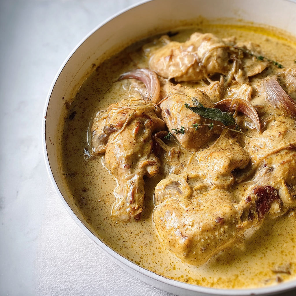 Le poulet à la crème de Mémé Cocard est un plat délicieux et savoureux, composé de poulets mijotés dans une sauce crémeuse et parfumée.