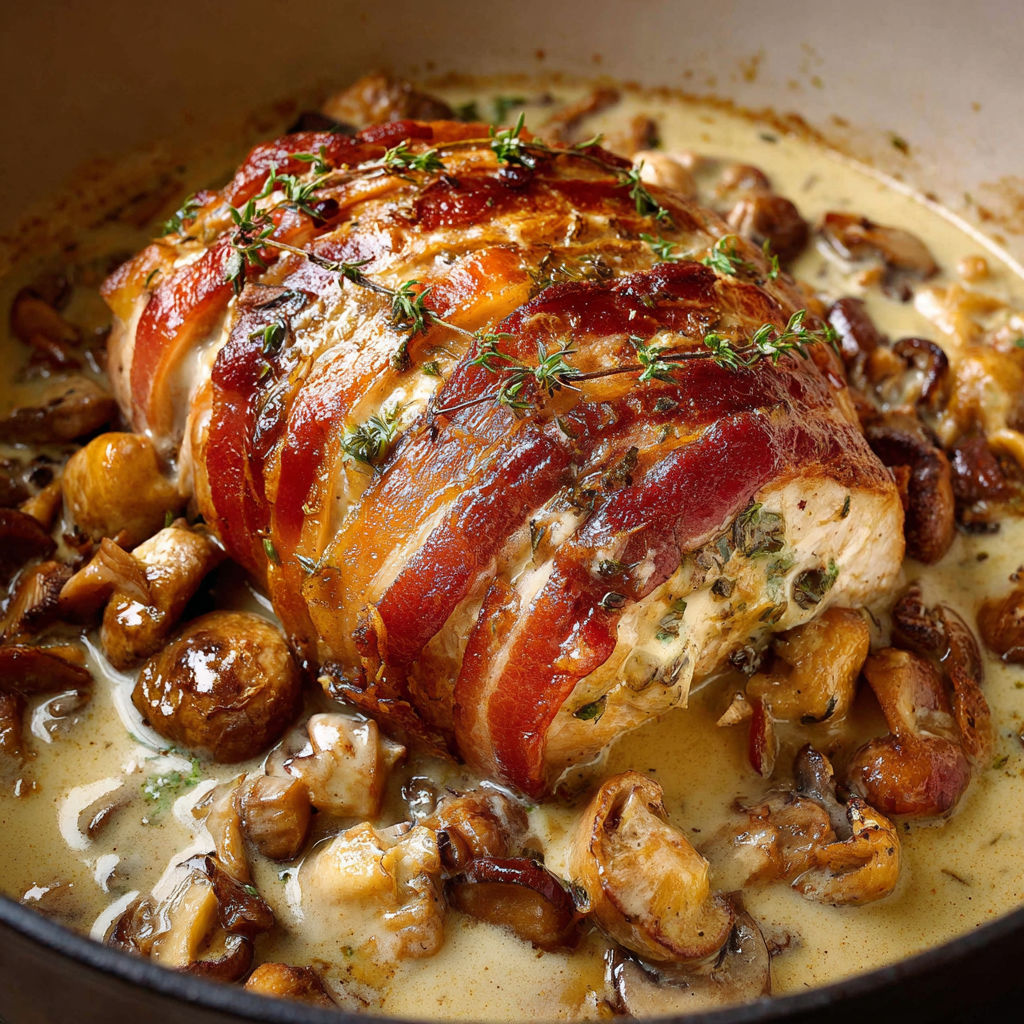 Un roti de dinde forestier en cocotte, garnie de champignons et herbes, dans une casserole.