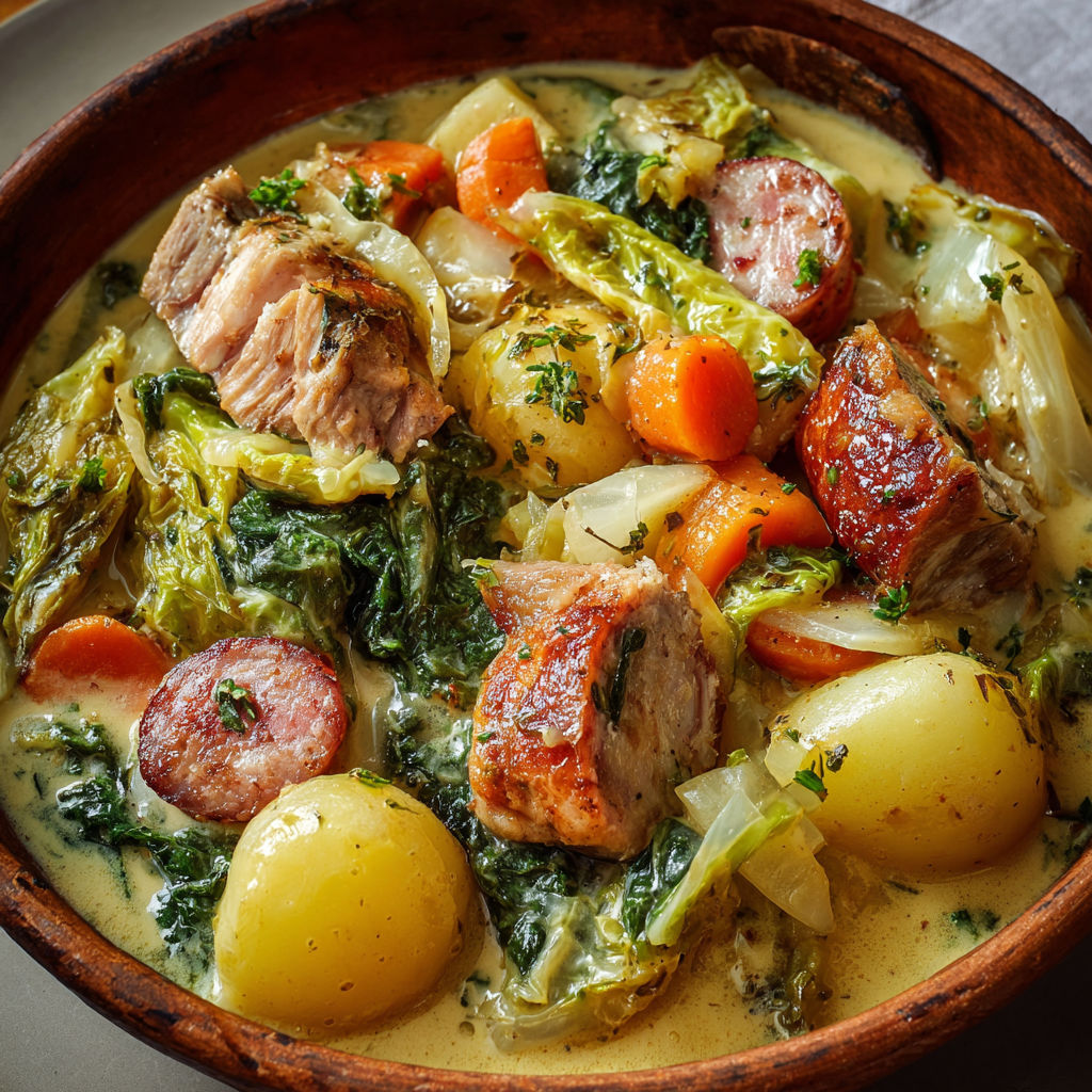 Une potée Lorraine traditionnelle est servie dans un bol en terre.