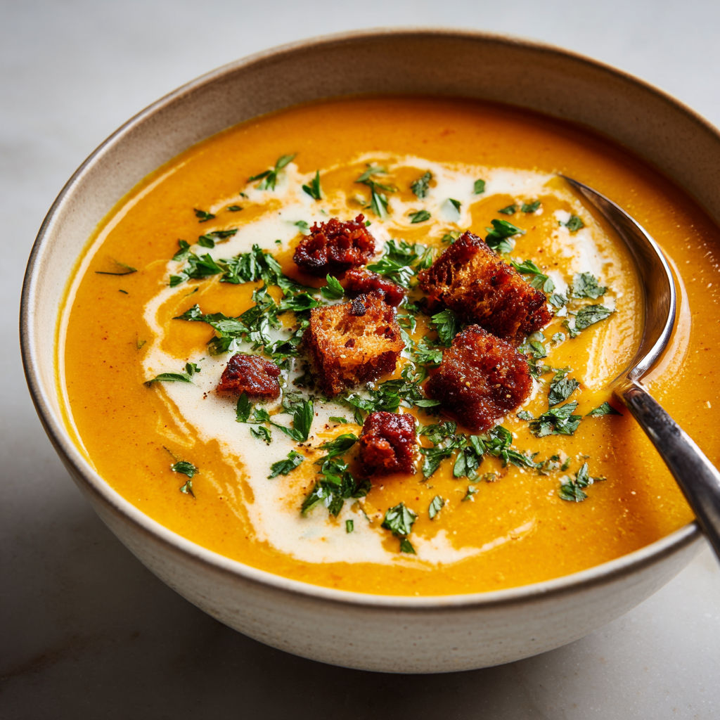 Une soupe de carottes, patates douces et chorizo est servie dans un bol en céramique.