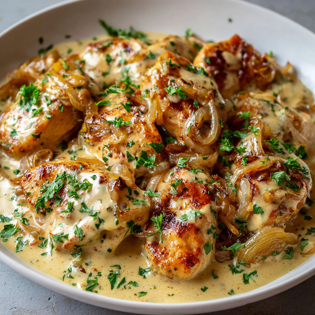 Une assiette de poulet a la bière et à la crème, avec des légumes verts et des oignons.