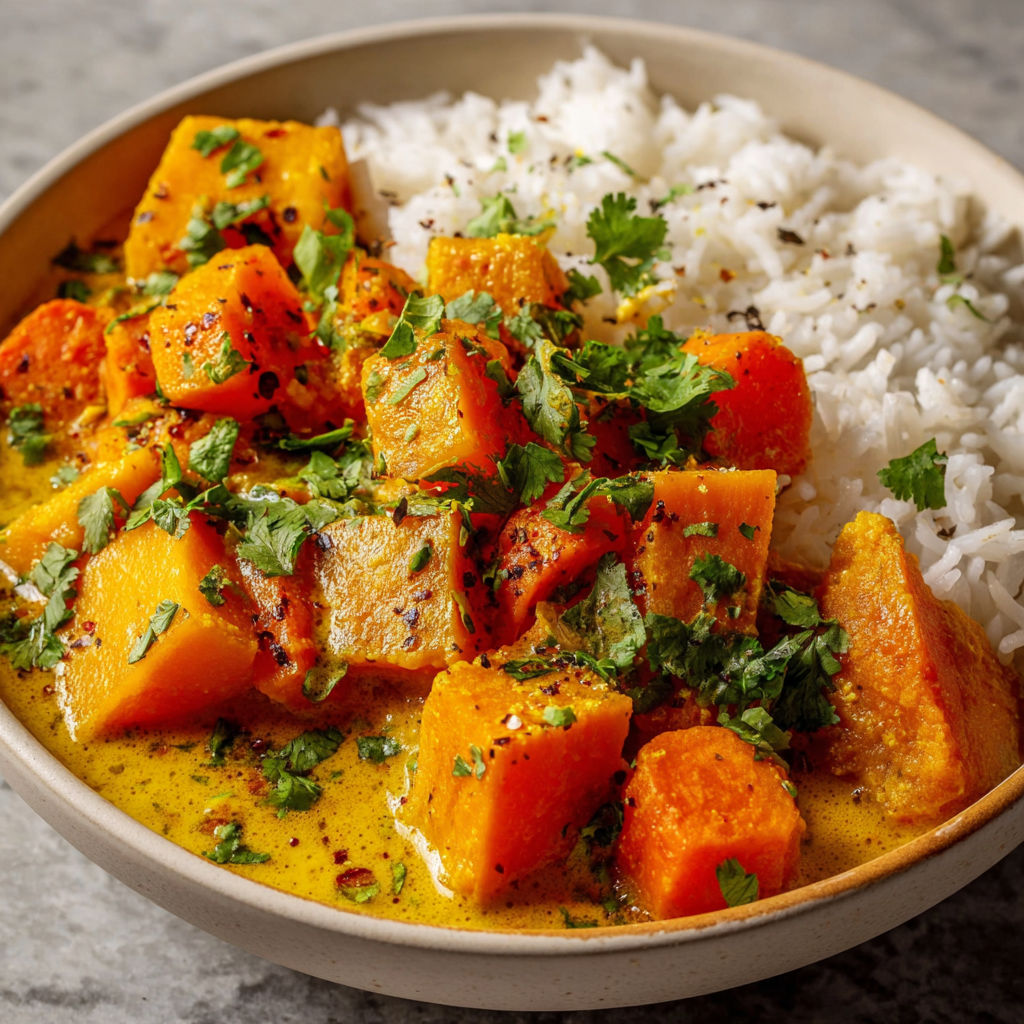 Un curry de butternut, patate douce et carottes est servie dans un bol.
