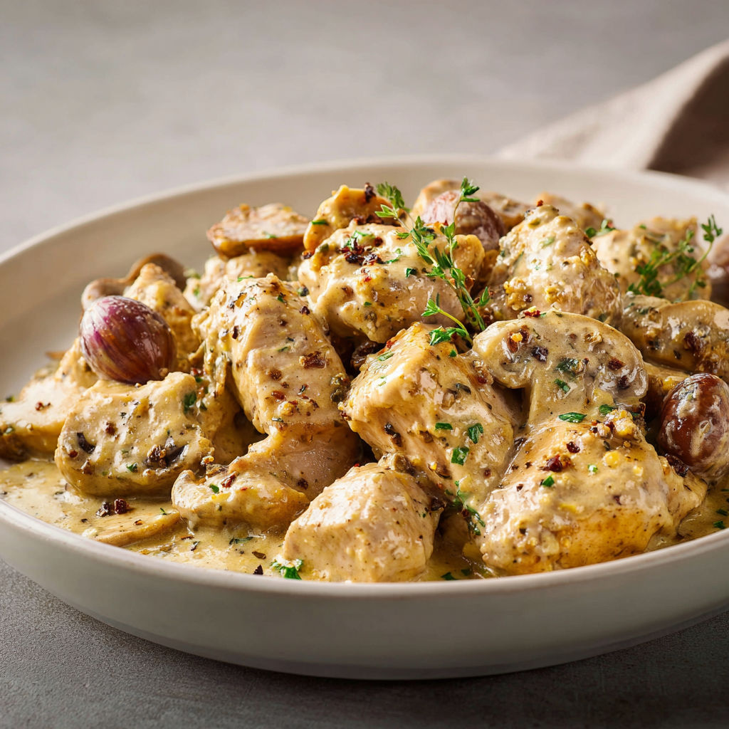 Émincé de dinde crémeux aux châtaignes et moutarde ancienne.