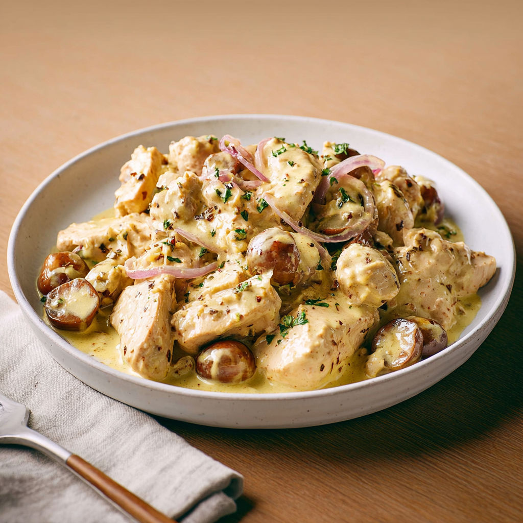 Blanquette de dinde automnale aux châtaignes et à la crème.