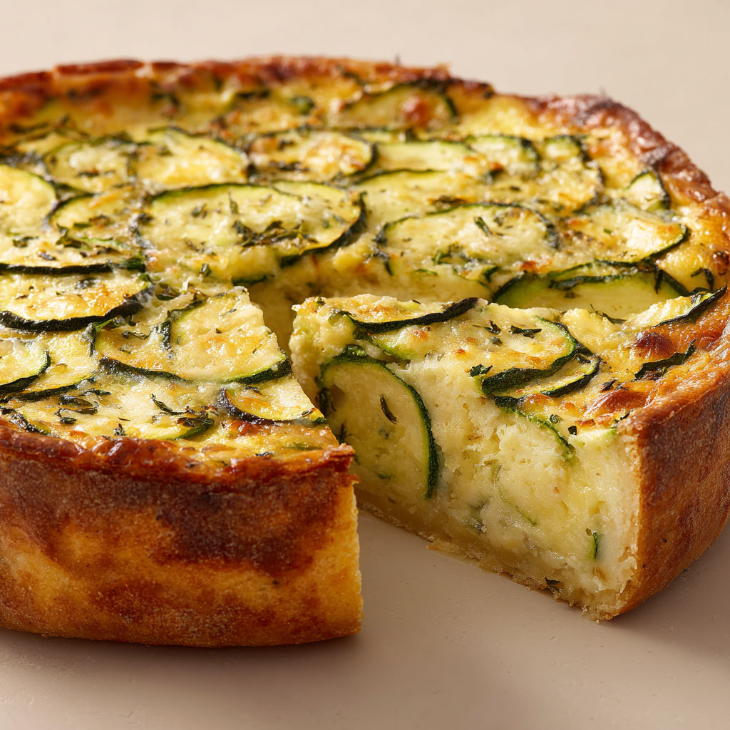 Une pièce de flan de courgettes est servie sur une table.