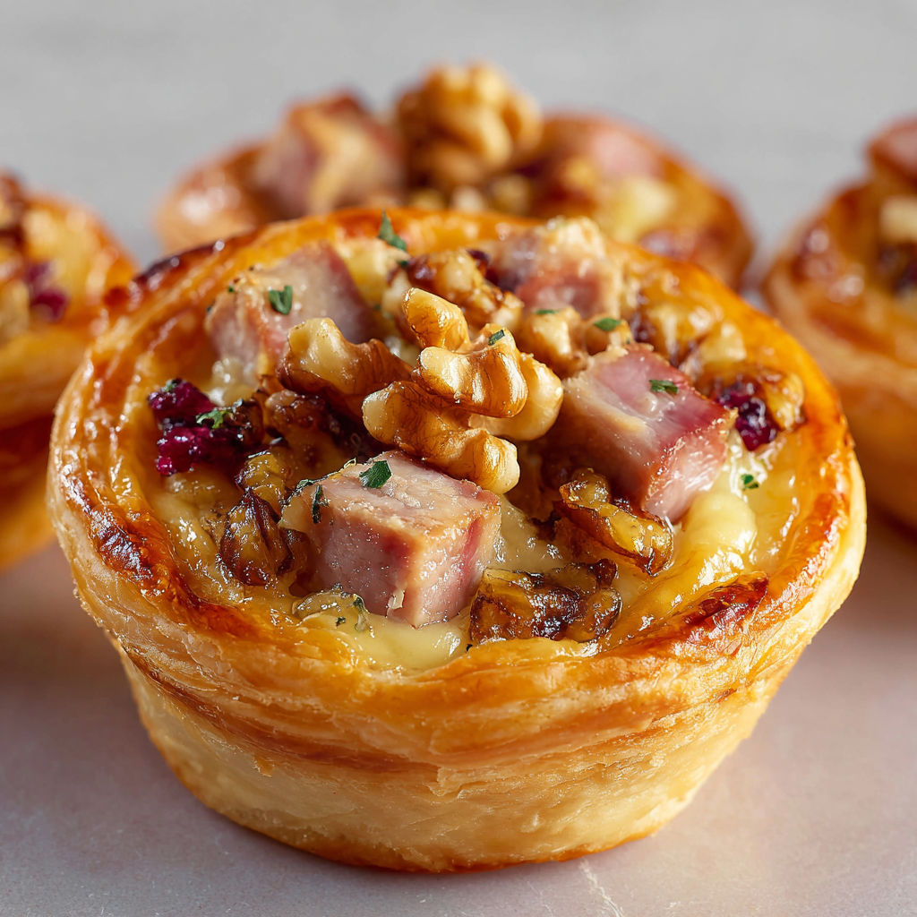 Tartelettes feuilletées au magret fumé et confit d’oignons.