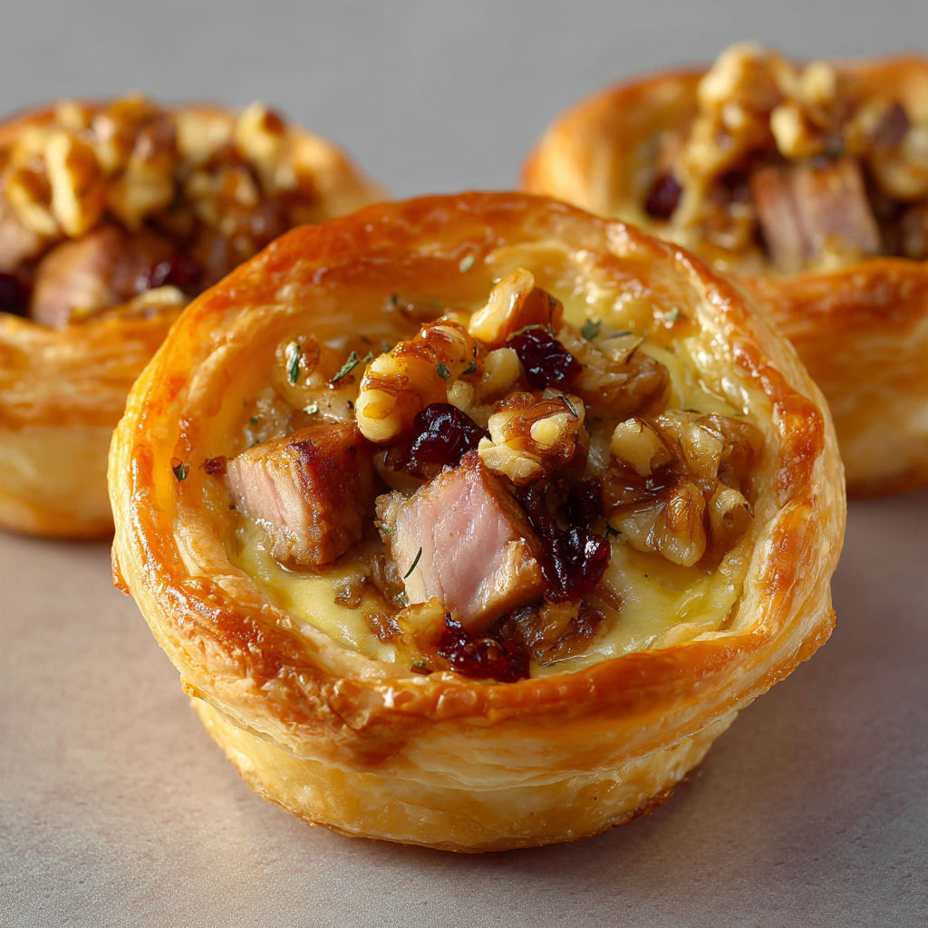 Mini quiches gourmandes au magret fumé et éclats de noix.