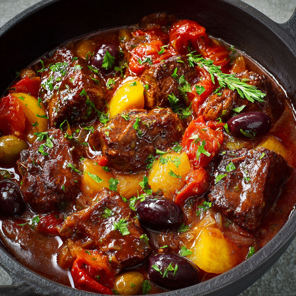 La daube niçoise est un plat de viande de boeuf servie dans un bol en fonte.