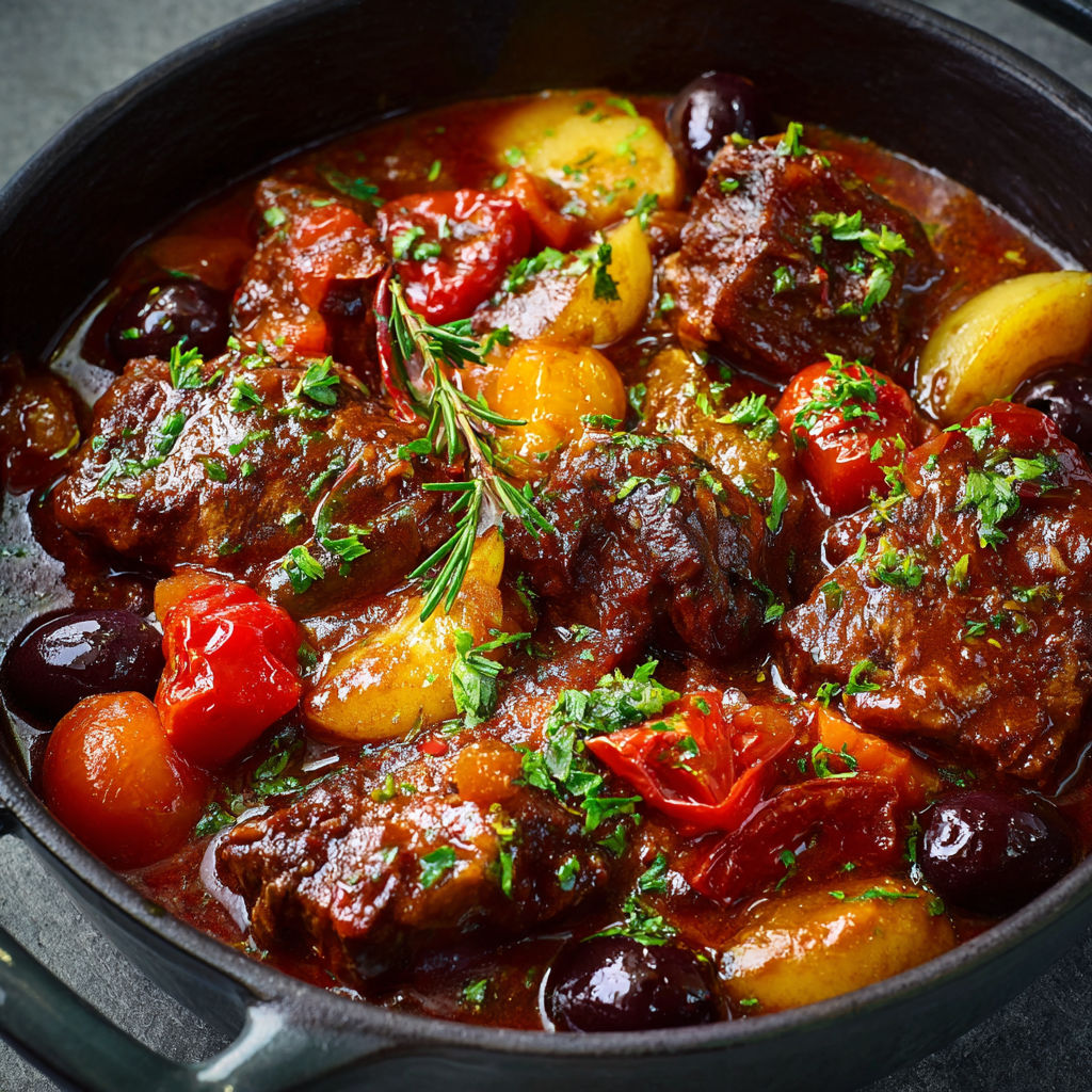 Bœuf mijoté à la niçoise, olives et chocolat noir.