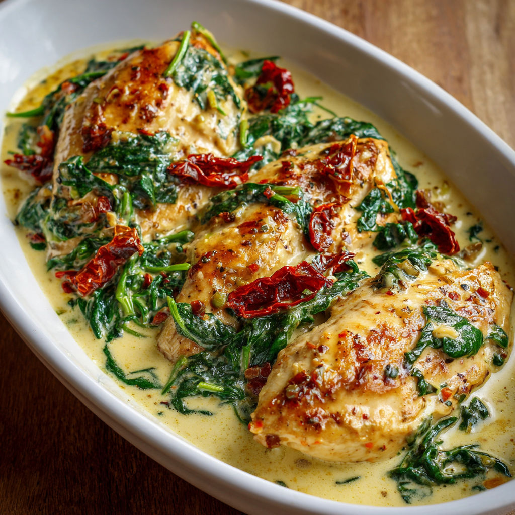 Un plat de poulet aux épinards et tomates séchées.