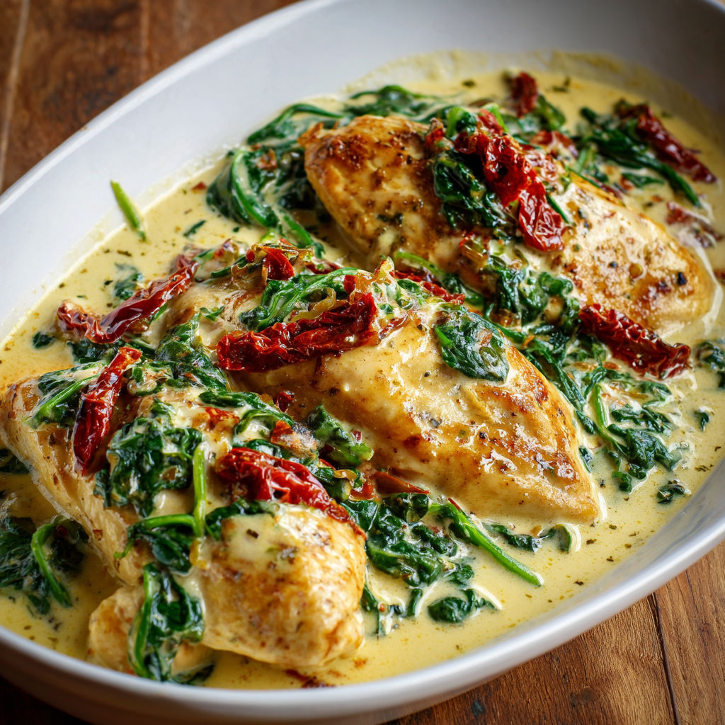 Filets de poulet crémeux aux épinards et tomates séchées.