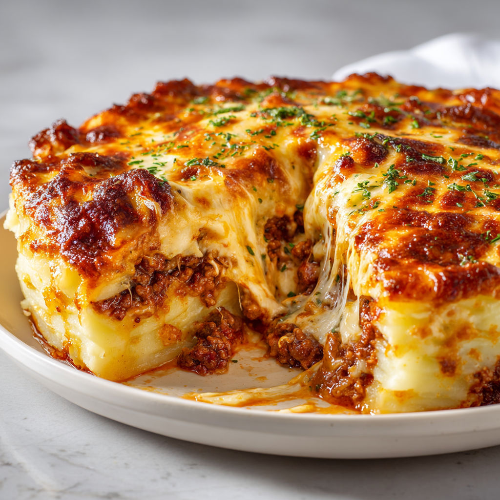 Gratin réconfortant de purée au fromage et viande savoureuse.