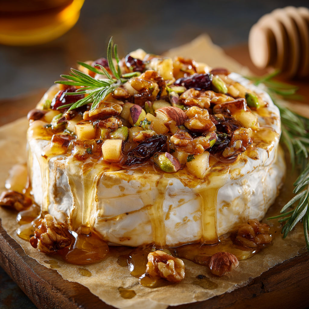 Une plaque de fromage Brie au four aux pommes et à l'érable, avec des noix et des herbes sur le dessus.