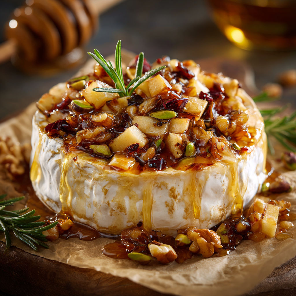 Brie rôti aux pommes caramélisées et éclats de noix.