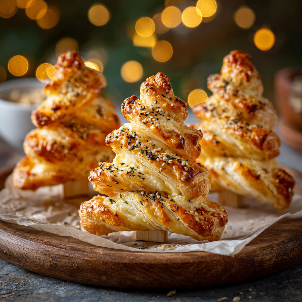 Une délicieuse pâtisserie en forme de christmas tree, faite de croissants et de poudre de cumin, est servie sur un plateau.