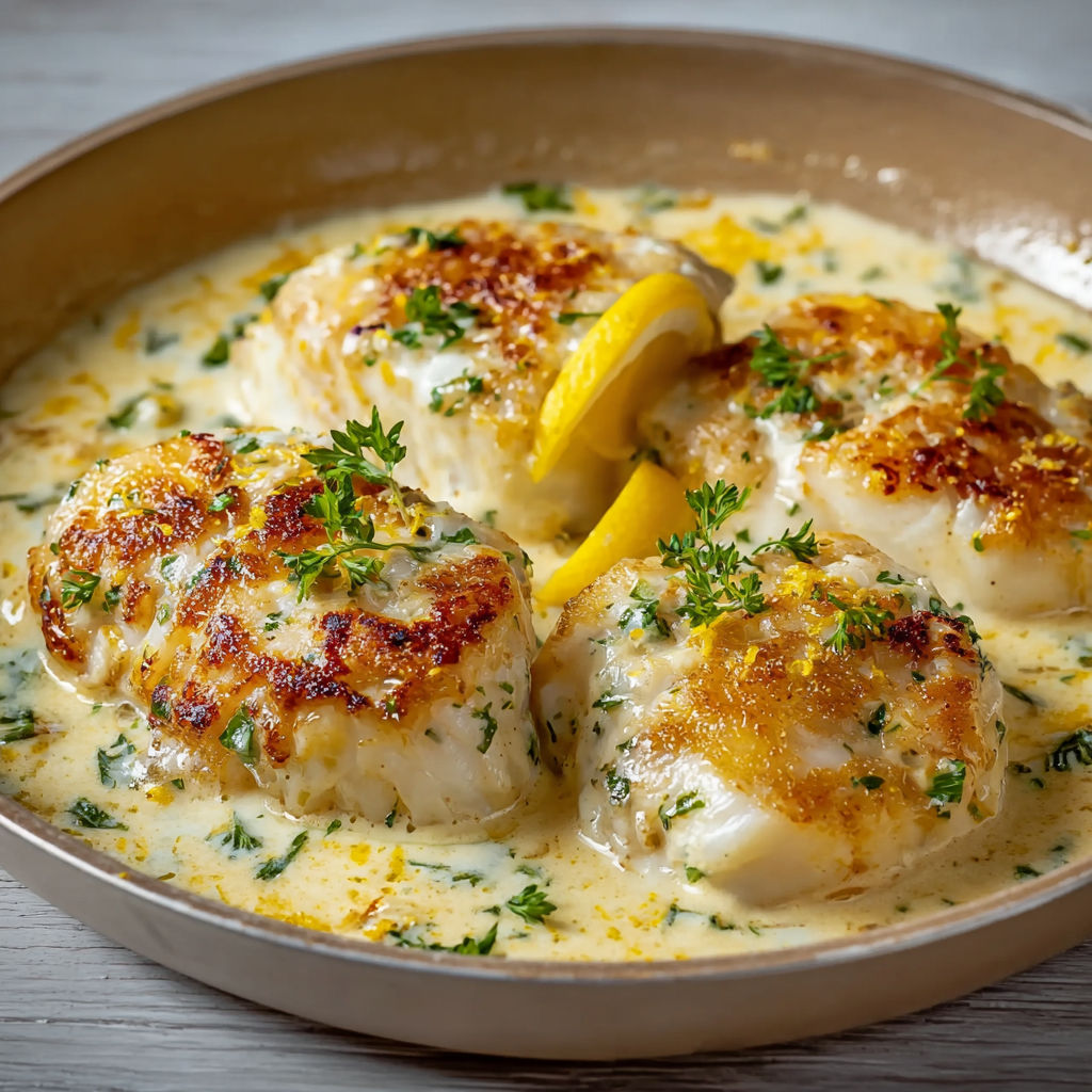 Un plat de dos de cabillauds à la crème de Parmesan et zeste de citron.