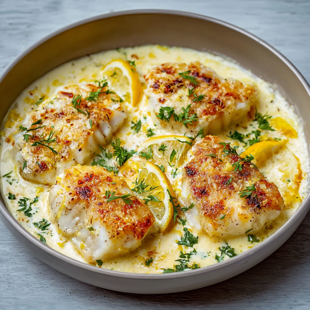 Cabillaud fondant en sauce parmesan et éclats de citron.