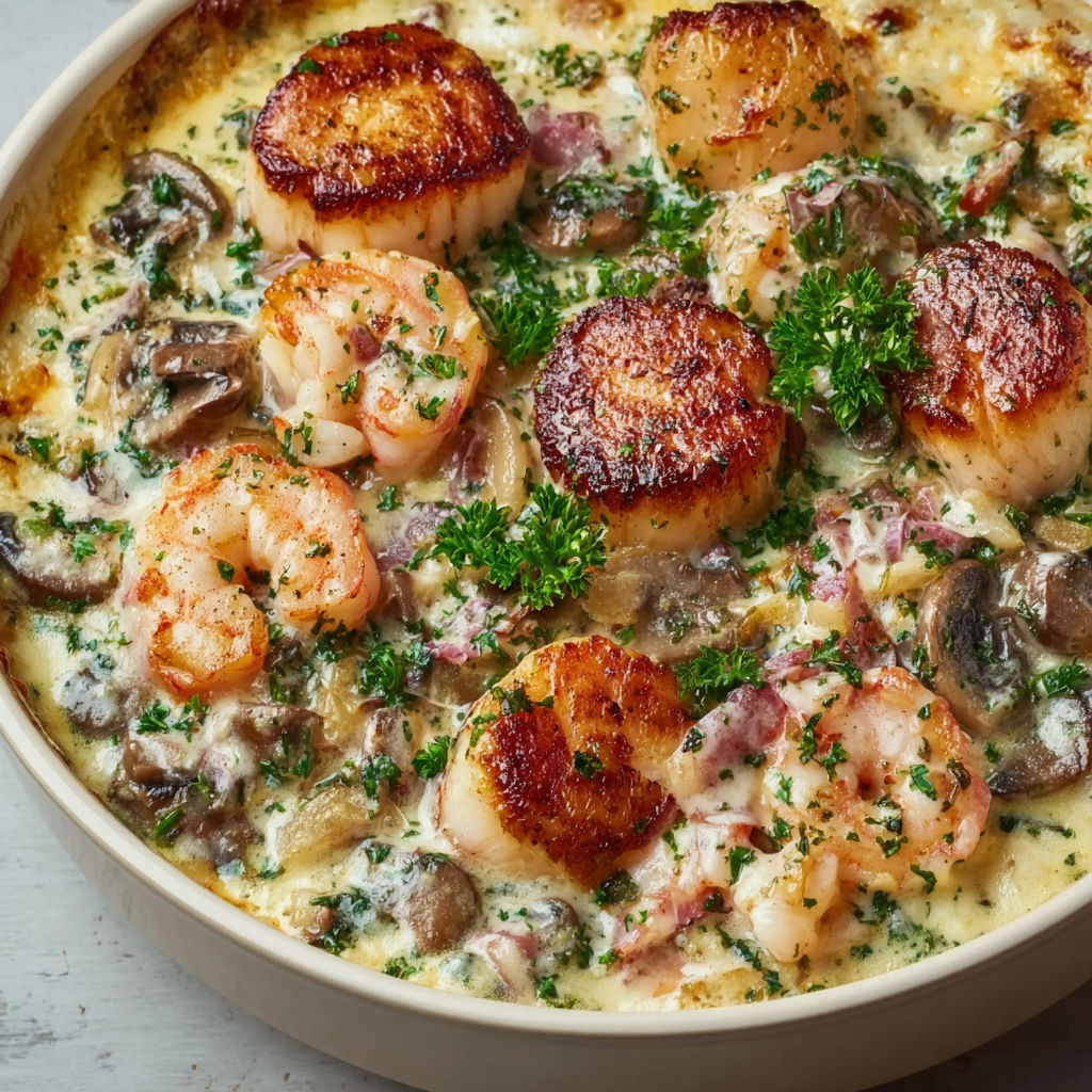 Une cassolette de la mer pour Noël, remplie de moules, de crevettes et de champignons, est servie dans un bol.