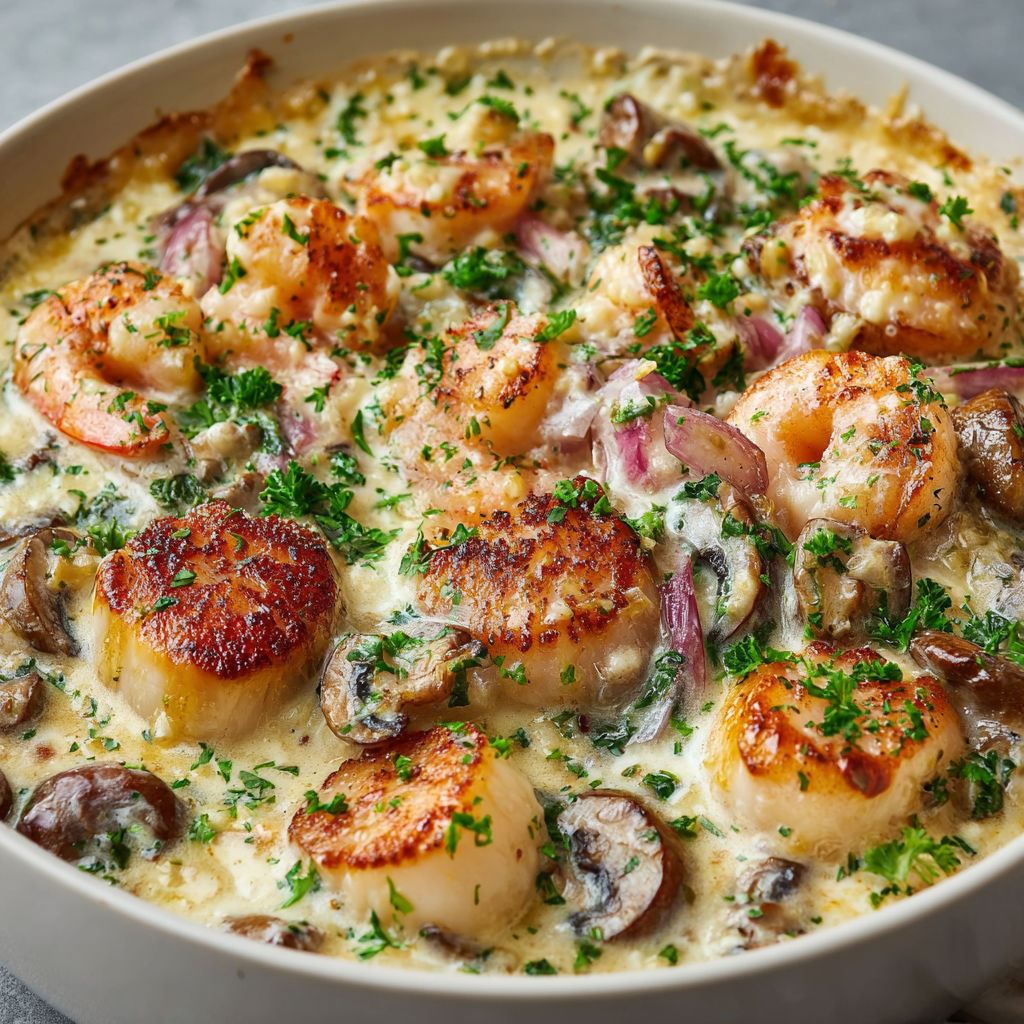 Délice de Saint-Jacques et Crevettes en Sauce Festive.