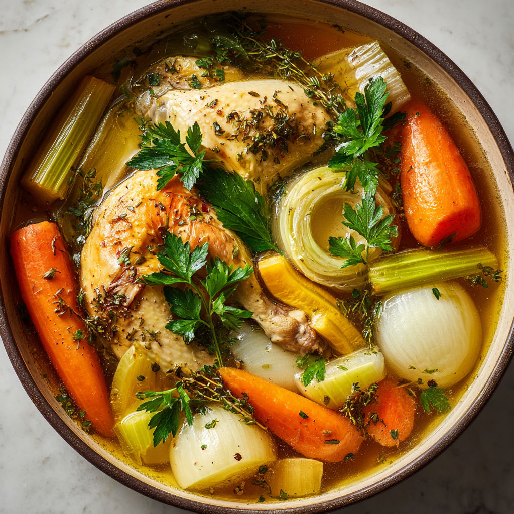 Une potée de poule et des légumes, tels que des carottes et des oignons, dans une soupe.