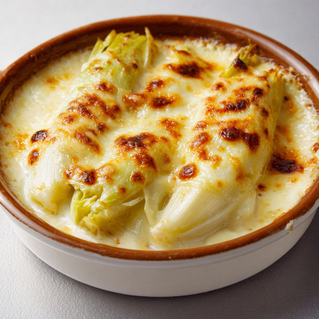 Une assiette de gratin d'endives au maroilles, servie dans un bol en céramique.
