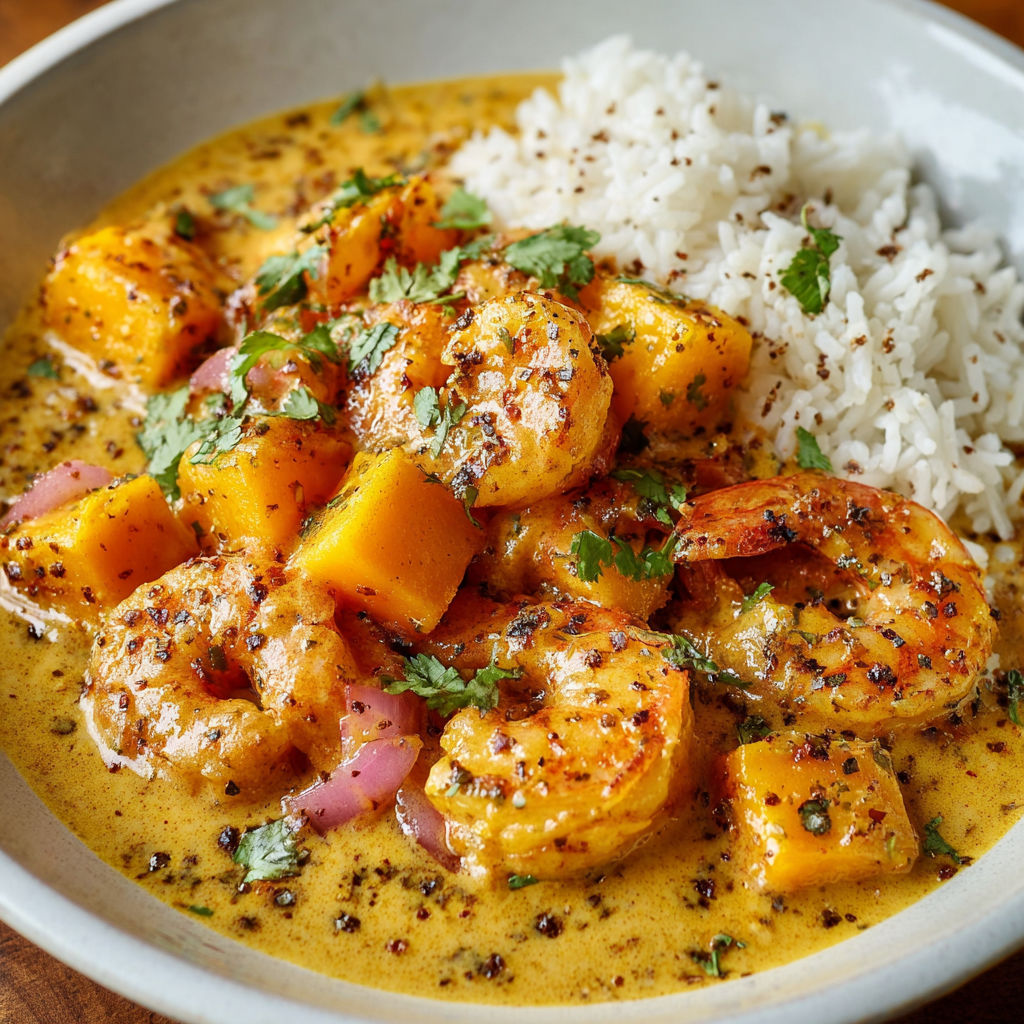 Une assiette de Curry de Butternut, Coco et Crevettes, avec des morceaux de crevettes et des grains de curry.