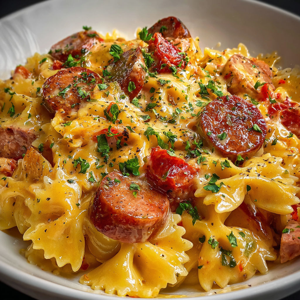 Une assiette de pâtes crémeuses à la saucisse fumée au four, servie dans un bol blanc.