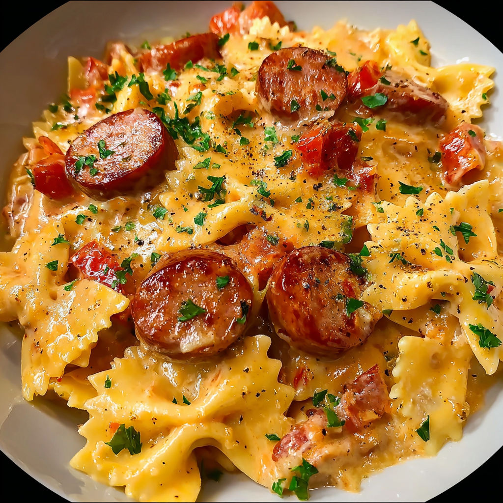 Pâtes gratinées crémeuses à la saucisse fumée.