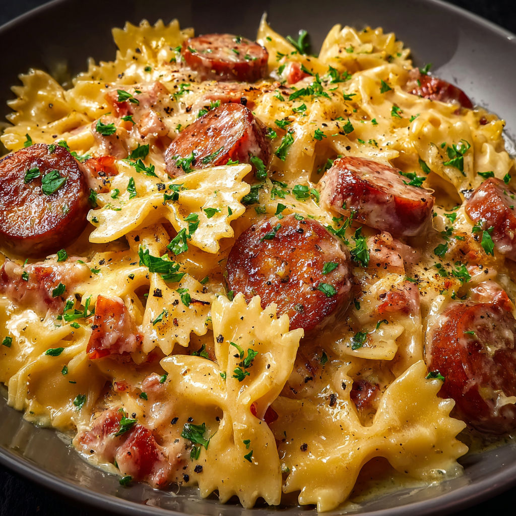 Farfalle onctueuses à la saucisse dorée et sauce fromage.