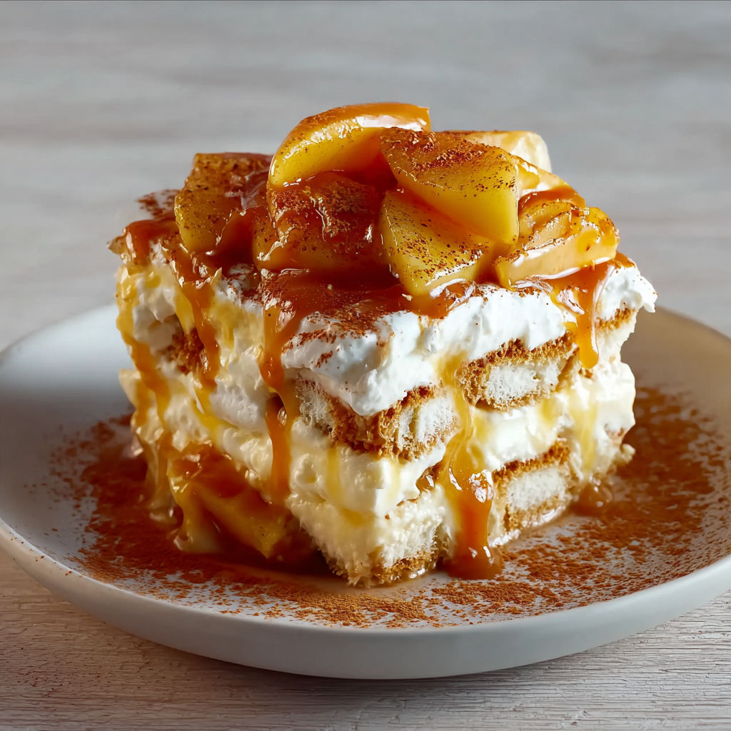 Tiramisu automnal aux pommes caramélisées et sauce beurre salé.