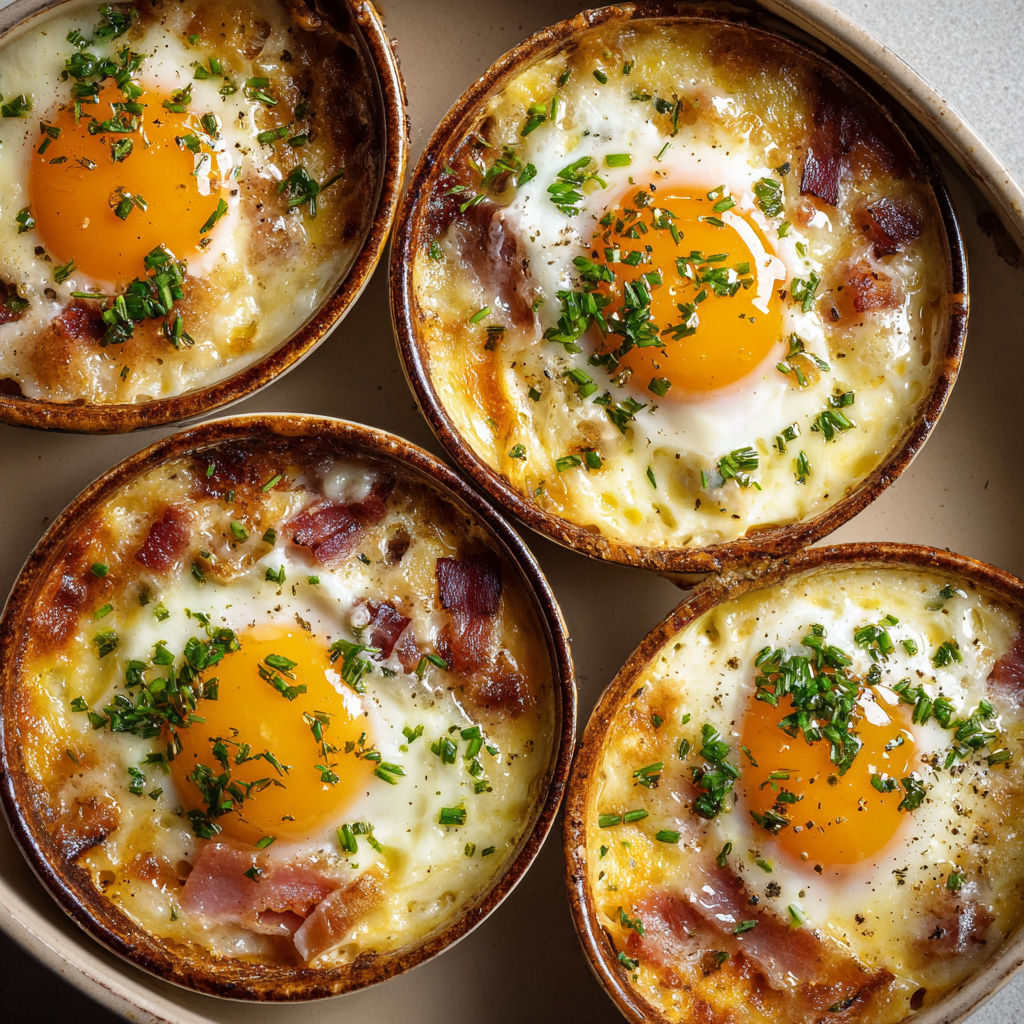 Quatre petits bol de casserole avec des oeufs et des bacon.
