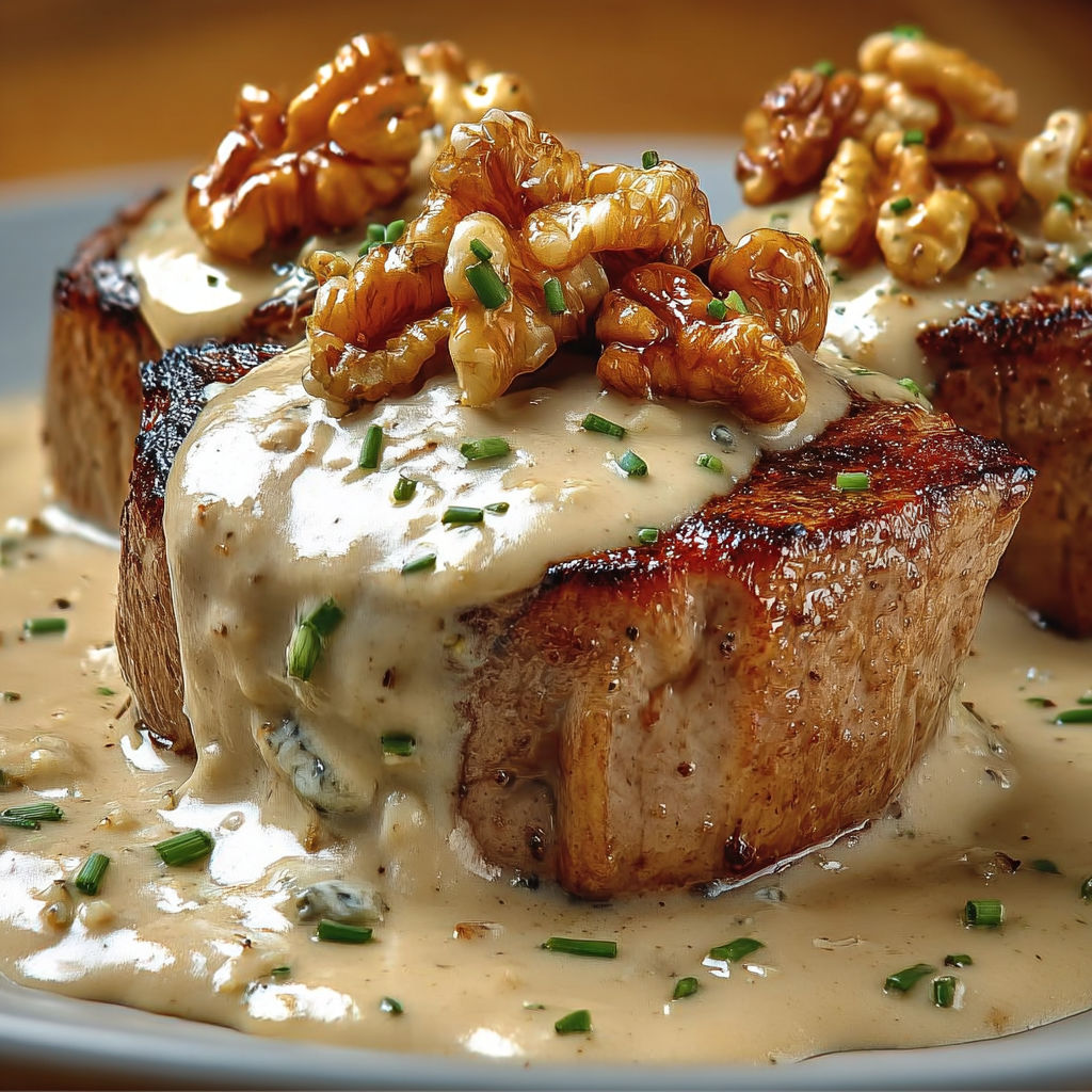 Filet mignon fondant nappé de sauce roquefort blanche.