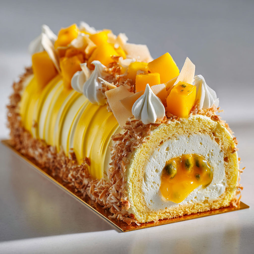 Bûche exotique mangue–passion–coco ultra fraîche.