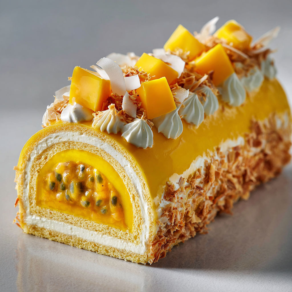 Bûche tropicale douce à la mangue et passion.
