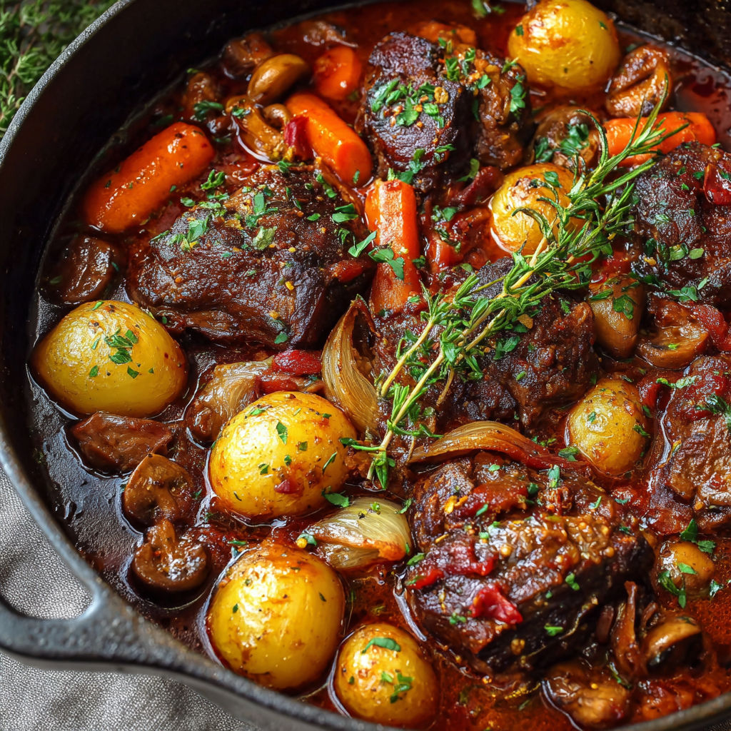 Ragoût traditionnel d’agneau au vin rouge et champignons.