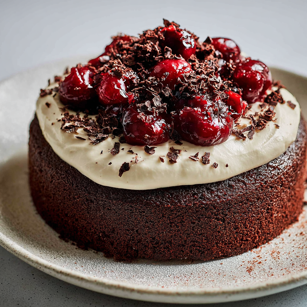 Un gâteau forêt-noire simplifié est présenté sur un plateau.