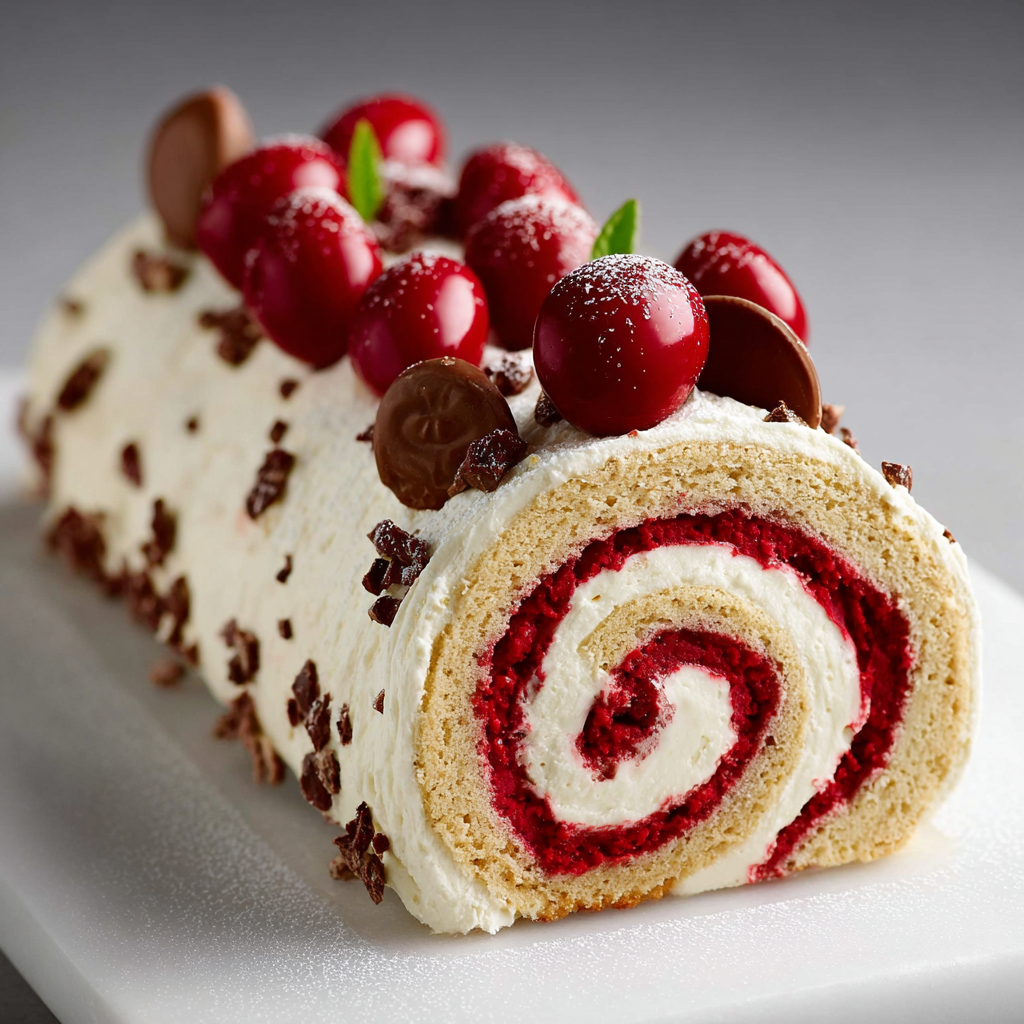 Une bûche garnie de cerises et de chocolats, façon Kinder Schoko-Bons.
