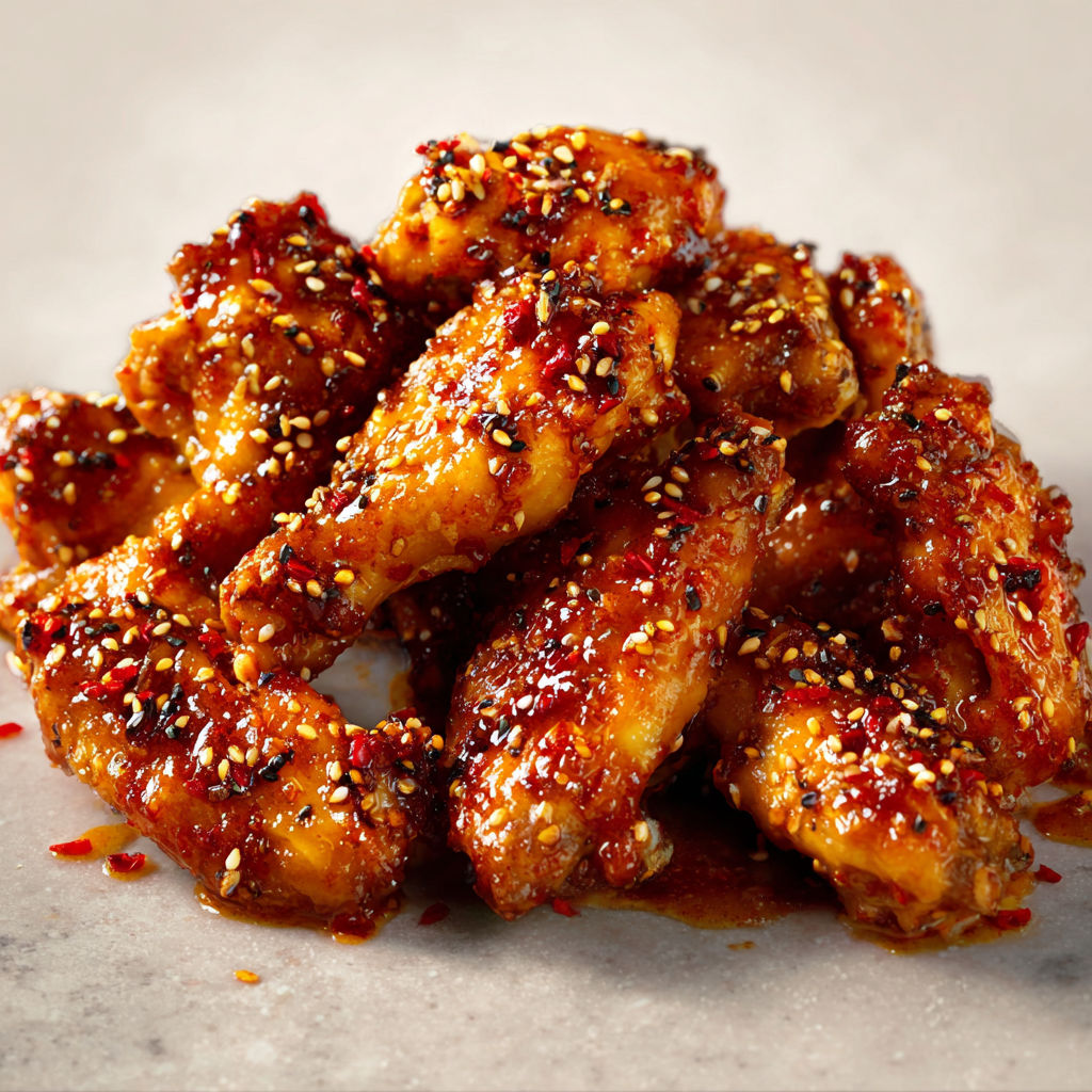 Les ailes de poulet miel, citron et sésame sont servies sur une table de marbre.