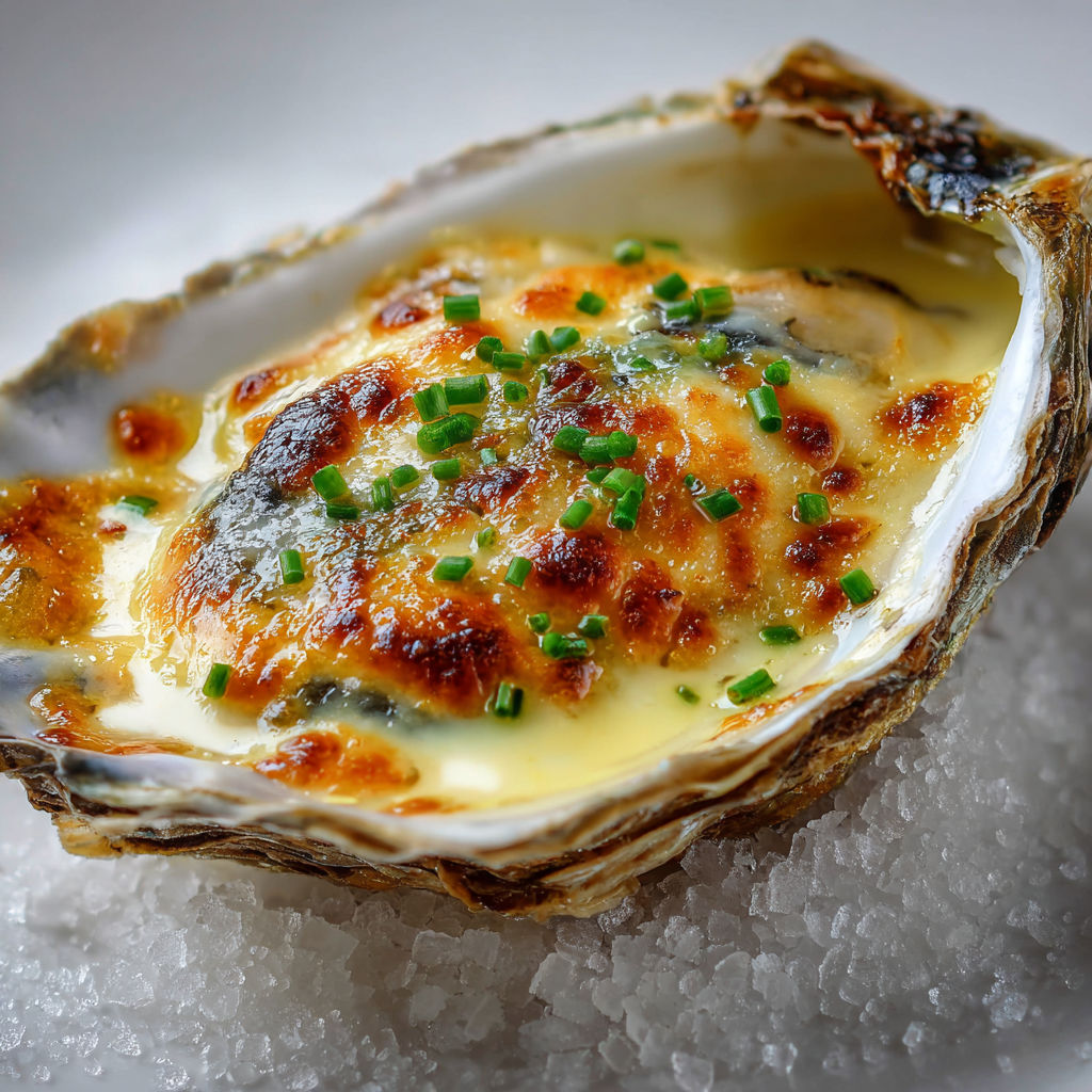Une huître gratinée au champagne est servie sur une table.