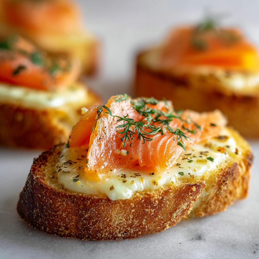 Une tranche de pain grillé avec des tranches de saumon et des herbes sur le dessus.