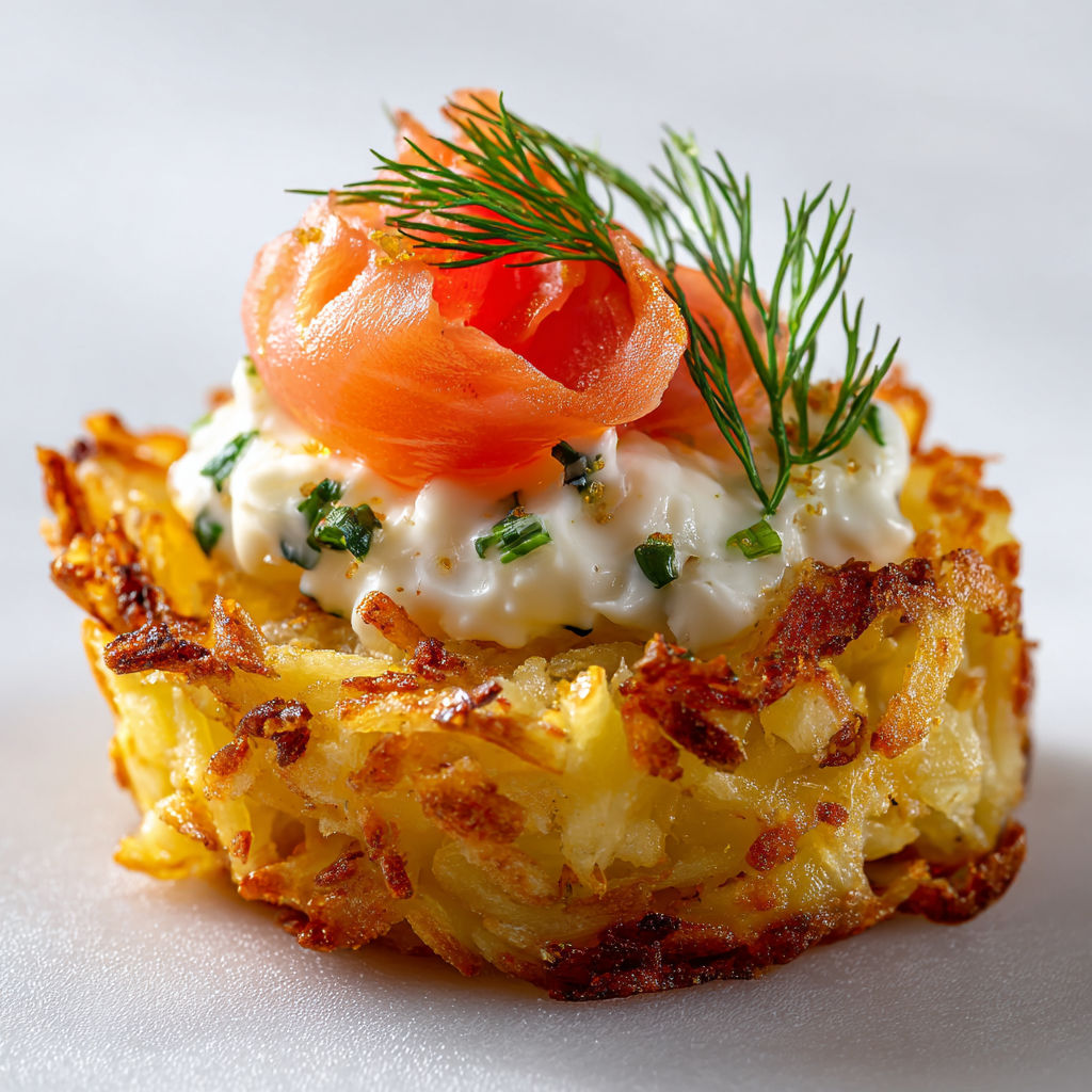 Une mini-rösti de pommes de terre au saumon fumé, garnie d'une poignée de ciboulette.