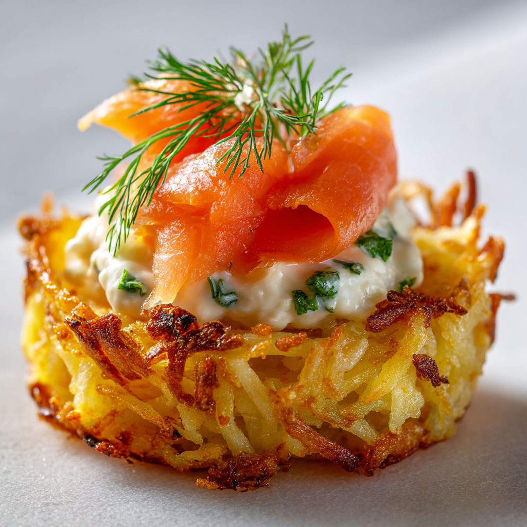 Röstis Croquants au Saumon Fumé avec Crème Citronnée.