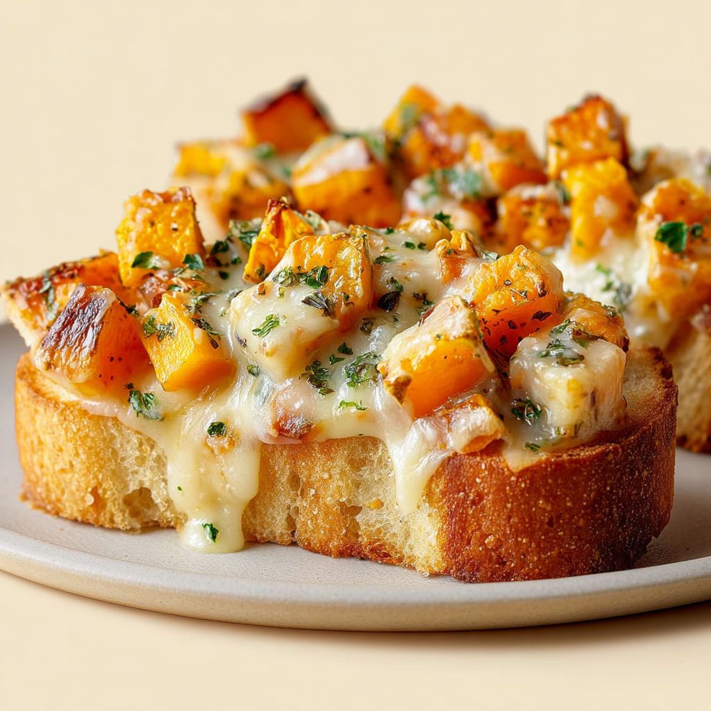 Baguette Festive aux Dés de Courge Rôtie, Beurre à l’Ail et Comté Fondant.