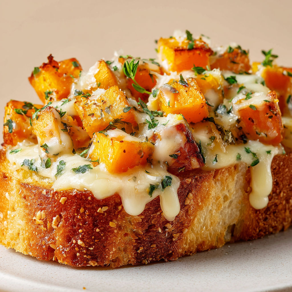 Apéritif de Noël : Pain à l’Ail Garni de Butternut Rôtie et Fromage Gratiné.