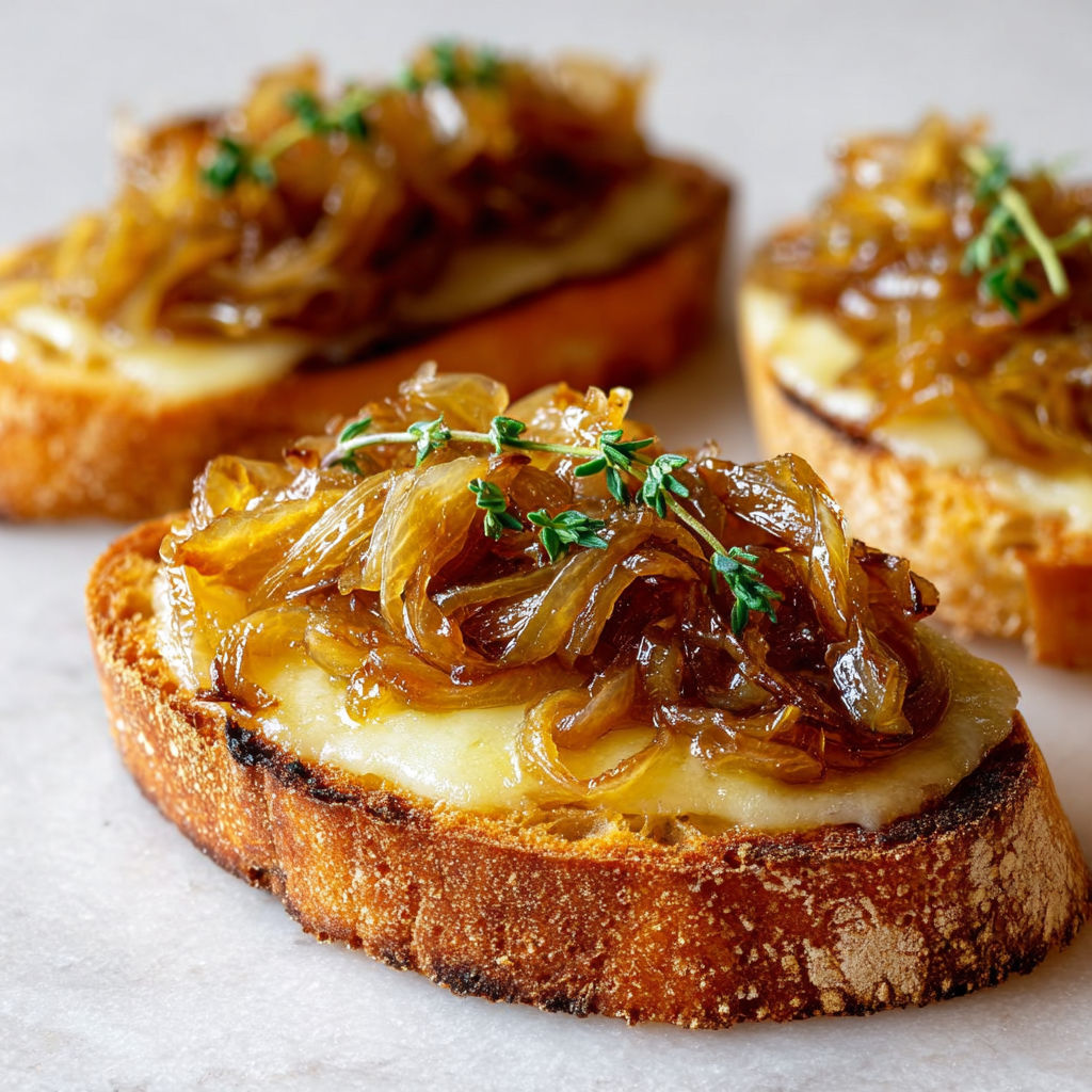 Bruschettas de Noël oignons et gruyère sur un plateau de marbre.