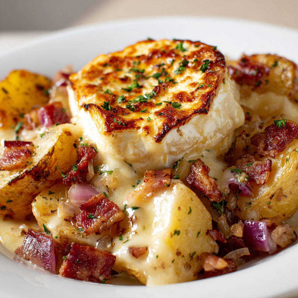 Une tartiflette de pommes de terre et de bacon, servie dans un bol.